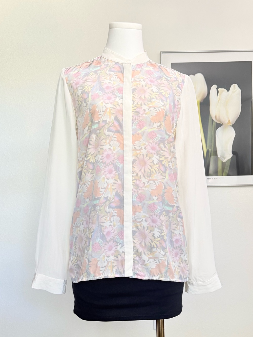 Tibi 100 Silk Button Up Blouse Mandarin Collar Floral Print